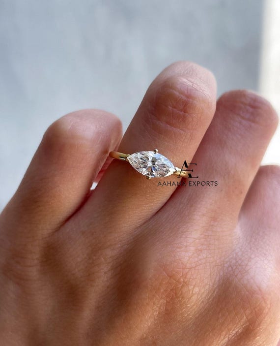 1.50 Carat Marquise Cut Lab Diamond East - West Solitaire Ring, 10K Yellow Gold Eco Friendly Diamond Ring, CVD Diamond Promise Ring For Her