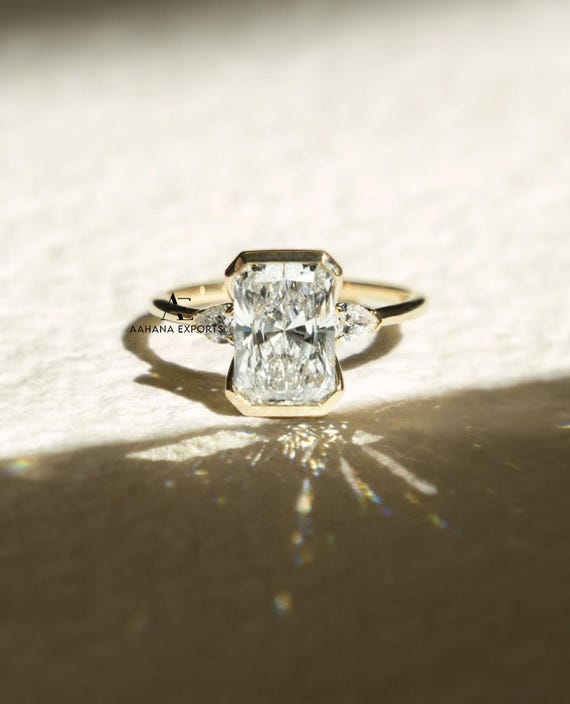 3.00 CT Radiant Cut Lab Grown Diamond Half Bezel Set Solitaire Engagement Ring-18KT Gold Three Stone Ring Wedding Ring Anniversary Gift Ring