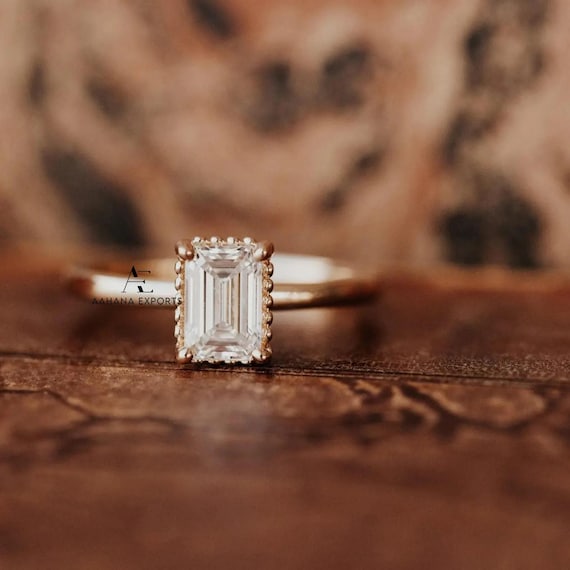 Lab-Grown Emerald Cut Engagement Ring, 14K Solid Gold Ring, 1ct Emerald Lab-Grown Ring, Anniversary Ring, Wedding Ring, Promise Ring for her