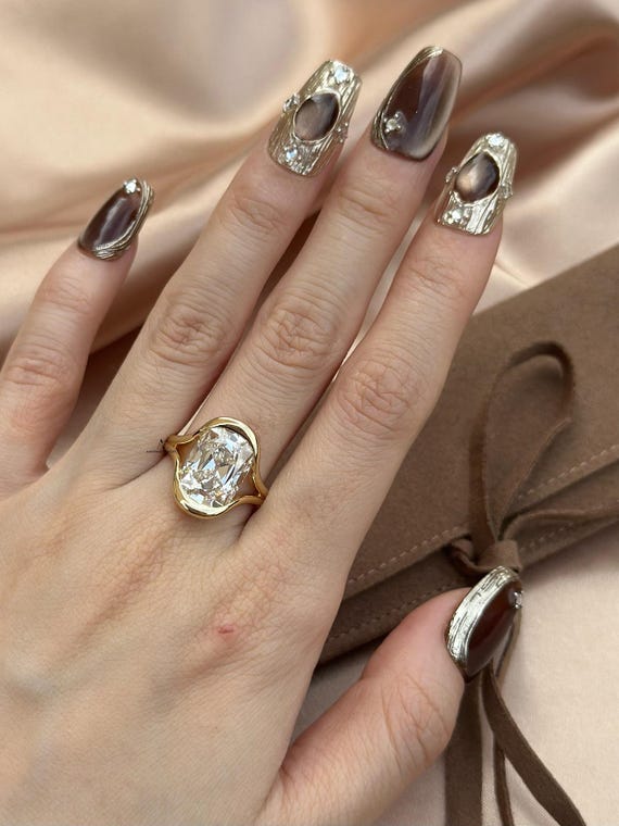 Floating Style Old Mine Cut Elongated Cushion Lab Diamond Split Shank Engagement Ring, Half Bezel, Dual Shank 18k Yellow Gold Ring For Women