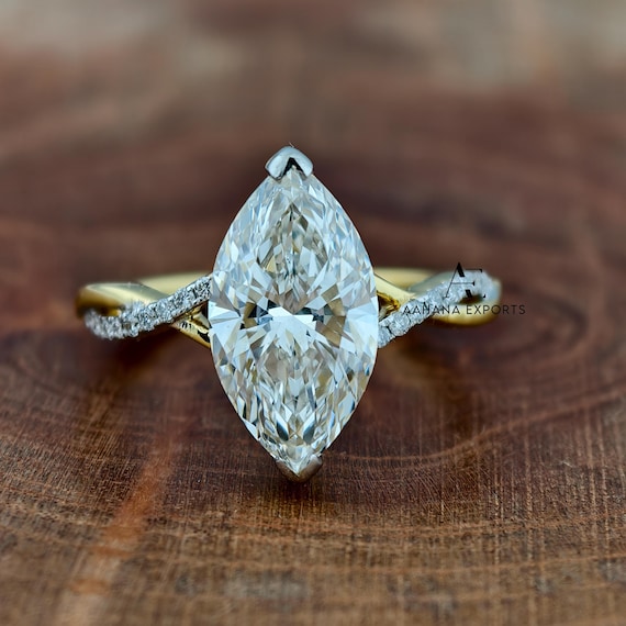 3 CT Marquise Cut Lab Grown Diamond Cluster Split Band Engagement Ring, Yellow Gold Unique Anniversary Ring, Promise Ring, Gift For Her.
