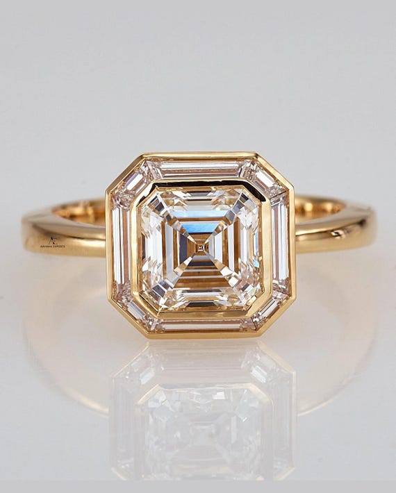 2.00ct Asscher Cut Lab Grown Diamond Halo Ring With Baguette Side Diamonds, Art Deco Engagement Ring, IGI Certified, Proposal Ring