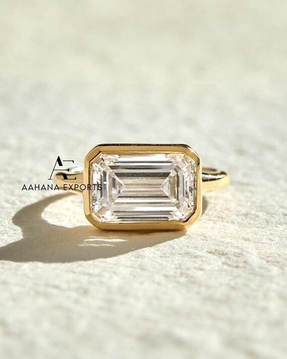 2CT Cathedral Bezel East to West Emerald Cut Lab-Grown Diamond Engagement Ring, Horizontal Emerald Wedding Ring, Solid Gold Anniversary Ring