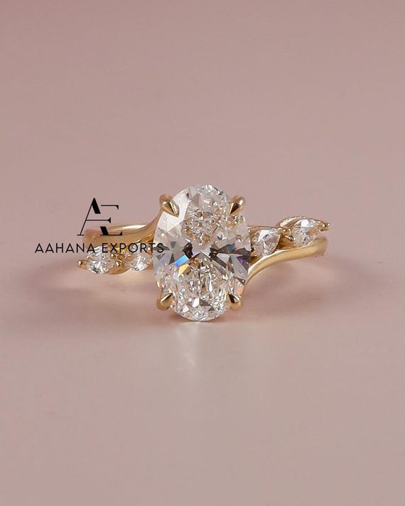 Cathedral Set 2 CT Oval Lab Grown Diamond Engagement Ring, Vintage Hidden Pave Bridge Lab Diamond Ring, Marquise Cut Cluster Diamond Ring