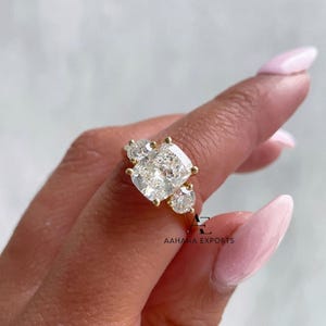2.00 Carat Elongated Cushion Cut Diamond Engagement Ring, Three Stone Lab Grown Diamond Ring, Side Round Cut, Anniversary Gifts for Her