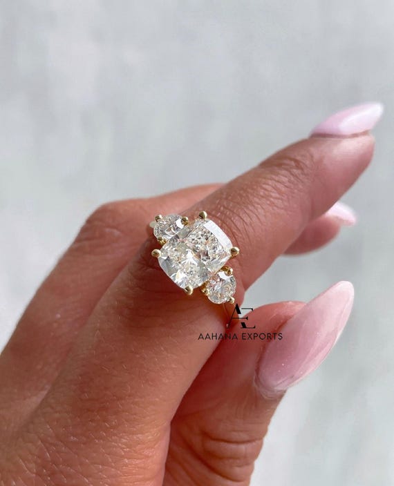 2.00 Carat Elongated Cushion Cut Diamond Engagement Ring, Three Stone Lab Grown Diamond Ring, Side Round Cut, Anniversary Gifts for Her