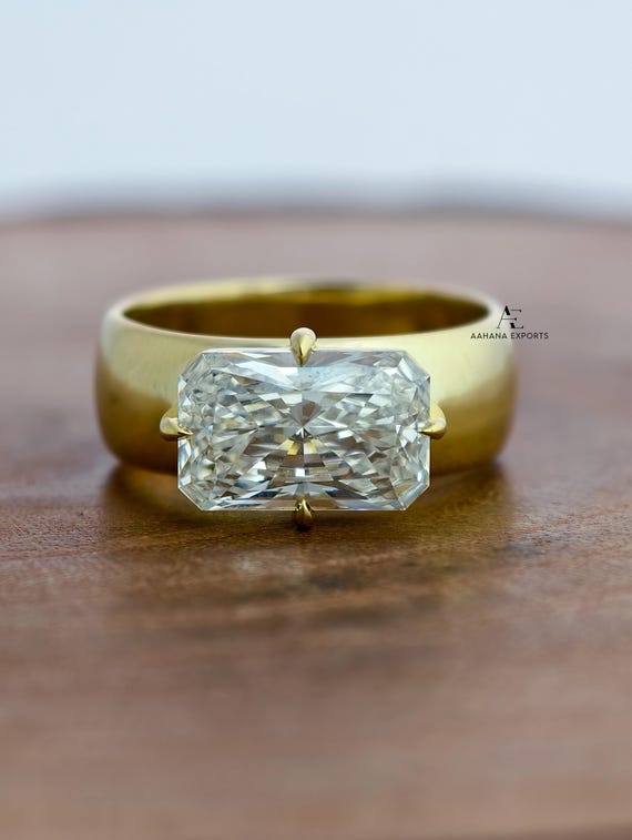 3 CT Radiant Cut Lab-Grown Diamond Engagement Ring, 14K Gold Ring, Radiant Wedding Ring, Broad Band East West Diamond Ring Promise Ring