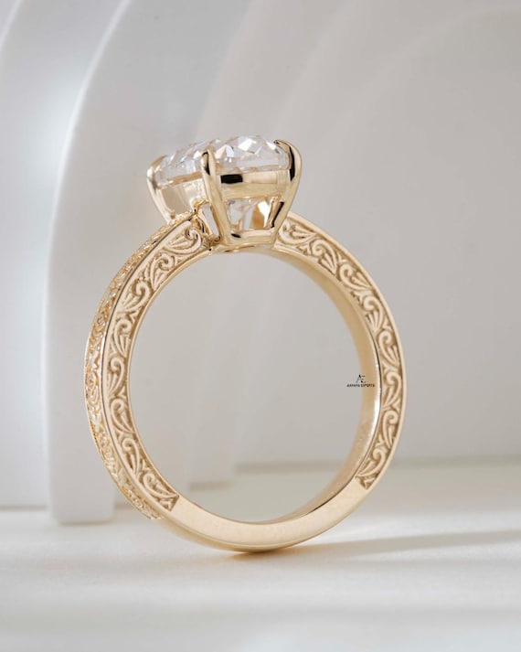 Old Mine Cut Lab Grown Diamond Engagement Ring, Filigree Engraved Band, Vintage Style Ring in Cathedral Setting