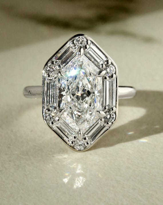 3.00 CT Dutch Marquise Lab-Grown Diamond Ring with Side Baguette Stones, Hexagon Cut Diamond Gold Ring, Elegant Engagement Jewelry for Her.