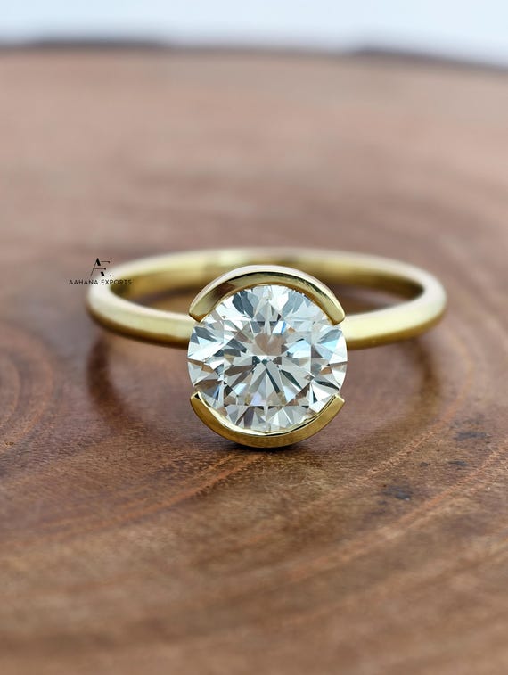 3 CT Round Cut Lab Created Diamond Half Bezel Solitaire Ring, Solid Yellow Gold Engagement Diamond Ring Certified Jewelry Women Ring For her
