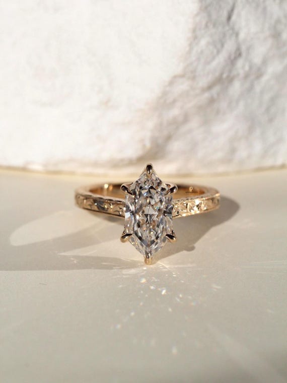 2 CT Dutch Marquise Lab-Grown Diamond Ring Vintage Art Deco Tulip Setting Engagement Ring Engraved Gold Band Antique Bridal Gift for Women.