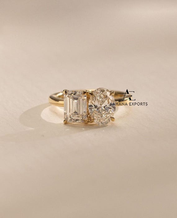 4 Carat Total Emerald & Oval Pair Diamond Ring | Toi Et Moi Ring | Two Stone Engagement Ring | Wedding Ring | Anniversary Gifts For Her.