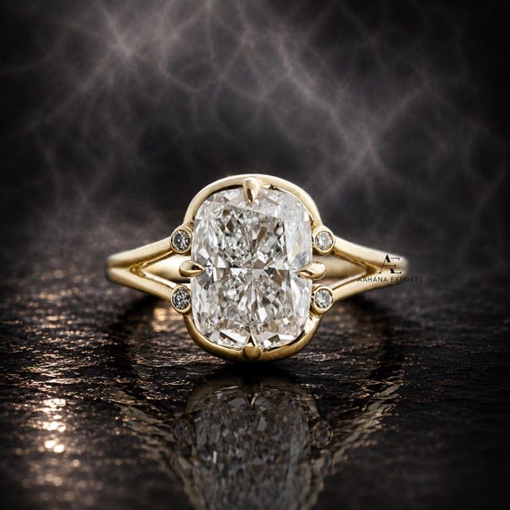3 CT Elongated Cushion Lab Grown Diamond Engagement Ring, 14K Gold, Solitaire Engagement Ring, Minimalist Split Band Ring For Her.