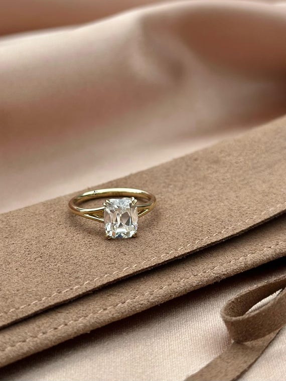 Old Mine Cut Cushion Diamond Split Shank Engagement Ring, Solitaire Wedding Ring for Her, Comfort Fit Promise Ring, Handmade Ring for Gift