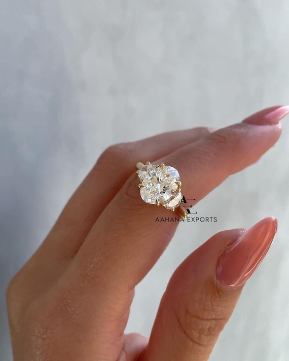 3 Carat Oval Diamond Engagement Ring Trilogy Lab Grown Diamond Anniversary Ring Side Half Moon Diamond Best Proposal Ring Anniversary Ring