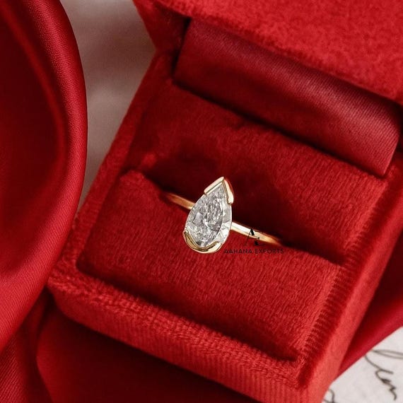 Half Bezel Set Engagement Ring, 2.0 Ct Pear Cut Lab Diamond Wedding Ring, 18K Solid Yellow Gold Anniversary Ring, Teardrop Proposal Ring.