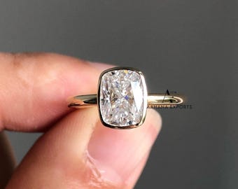 2 Carat Cushion Lab Diamond Ring | Bezel Set Solitaire Engagement Ring | Ethical Yellow Gold Minimalist Ring | Modern Proposal Gift Ring.
