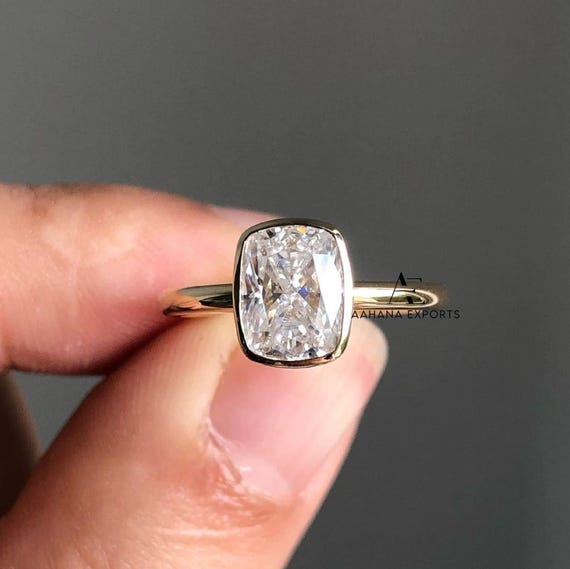 2 Carat Cushion Lab Diamond Ring | Bezel Set Solitaire Engagement Ring | Ethical Yellow Gold Minimalist Ring | Modern Proposal Gift Ring.