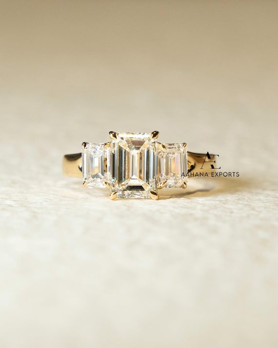 2.00 Carat Lab Grown Emerald Cut Diamond Engagement Ring, Three Stone Ring Side Emerald Diamonds,18kt Yellow Gold, Handmade Ring Split Shank