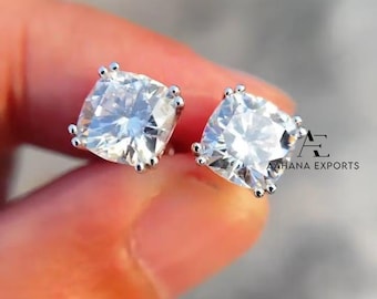 Cushion Cut Lab Grown Diamond Set Studs, CVD Diamond Solitaire Earrings, 14KT Solid Gold Bridesmaid Earrings, Screw Back Diamond Earrings