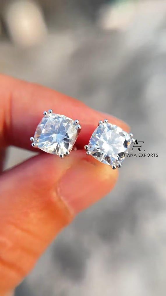 Cushion Cut Lab Grown Diamond Set Studs, CVD Diamond Solitaire Earrings, 14KT Solid Gold Bridesmaid Earrings, Screw Back Diamond Earrings