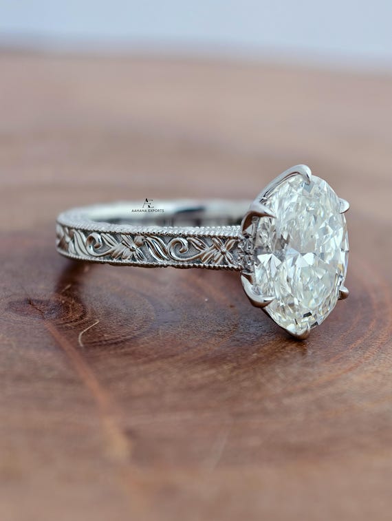 Art Deco Handcrafted Engraved Milgrain Band Crushed Ice Oval Cut Lab Grown Diamond Engagement Ring Cathedral Tulip Setting Wedding Ring