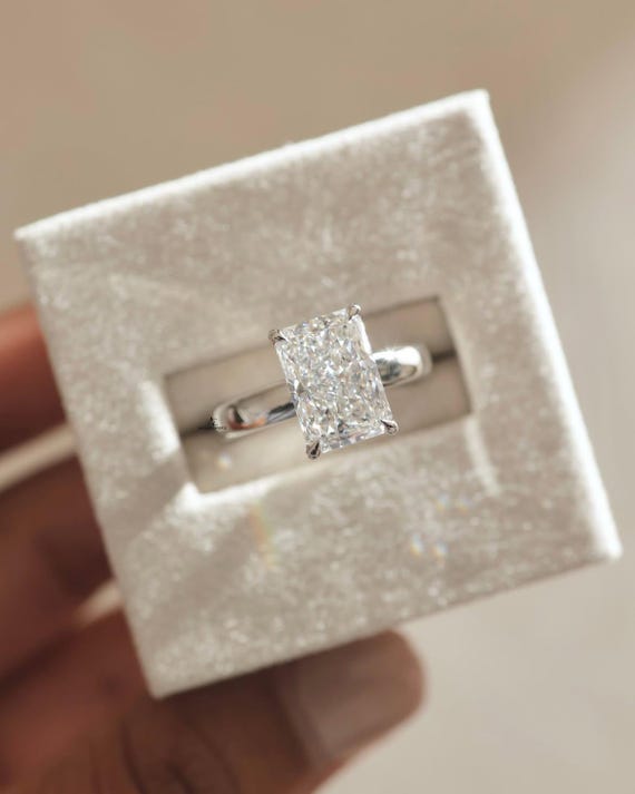 Solitaire Ring, 2 Ct Radiant Cut Lab-Grown Diamond Hidden Halo Ring, Solid Gold Engagement Ring, Classic Set Anniversary Ring for her.
