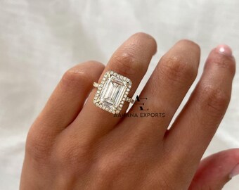Lab Grown Diamond Emerald Cut Ring 5,00 CT IGI-gecertificeerde diamanten verlovingsring verklaring huwelijksverjaardag ring halo gouden kathedraalring