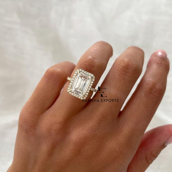 Lab Grown Diamond Emerald Cut Ring 5.00 CT IGI Certified diamond Engagement Ring Statement Wedding Anniversary ring halo Gold Cathedral ring