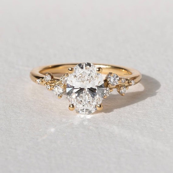 Oval Lab Grown Diamond Ring: 2.0 CT Gold Muse-Cluster Engagement Ring IGI Certified Diamond