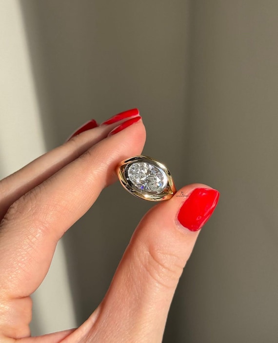 East West Ring, 4.0 carat Oval Cut Lab Grown Diamond Engagement Ring Solid Gold Ring, Oval Split Shank Bezel Ring, Chunky Ring IGI Certified