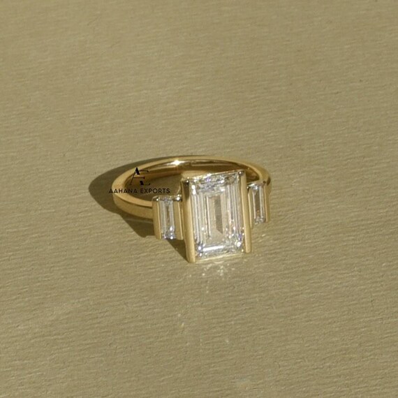 2 CT Emerald Cut Lab-Grown Diamond Engagement Ring, Three Stone Wedding Ring, Half Bezel Set, Side Baguette Ring, Anniversary Ring For Her.