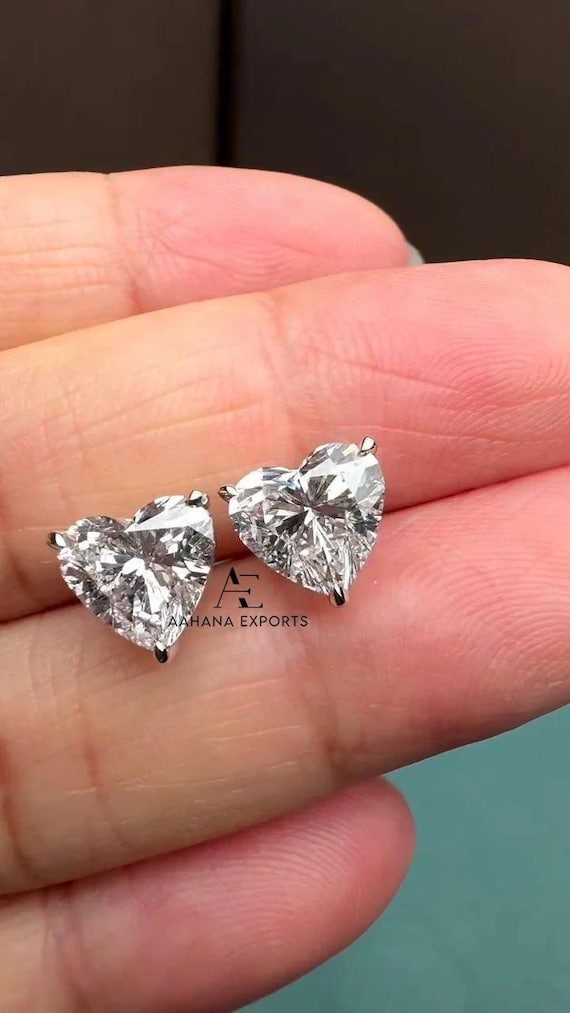 Heart Cut Lab Grown Diamond Set Studs, CVD Diamond Solitaire Earrings, 14KT Solid Gold Bridesmaid Earrings, Screw Back Diamond Earrings