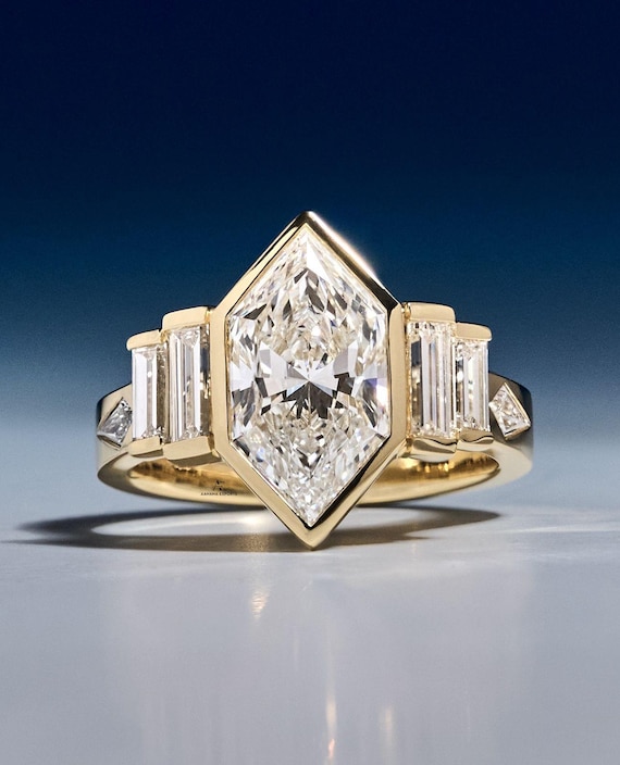 2 CT Dutch Marquise Tulip Setting Lab-Grown Diamond Ring, Full Bezel Ring, Broad Band Engagement ring, Unique One of a kind Wedding ring,