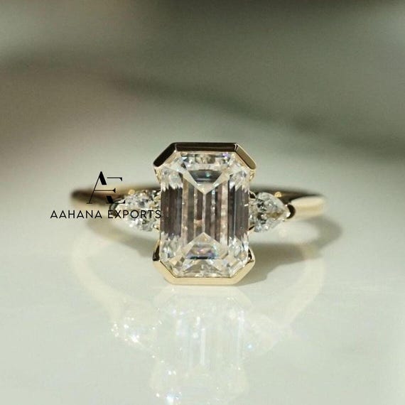 Half Bezel Emerald Cut Three Stone Lab-Grown Engagement Ring, 10K/14K Solid Gold Lab-Grown Memorial Promise Ring, Birthday Gift for Women.