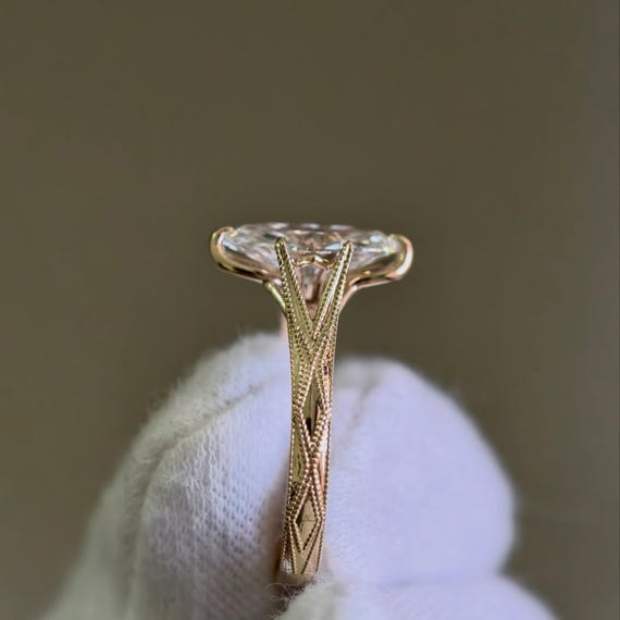 2.00 Carat Marquise Ring Art Deco 14k Yellow Gold Filigree Ring: IGI Certified Lab Diamond Vintage Milgrain Art Deco Band with Split Shank
