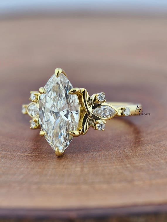Vintage Marquise Lab-Grown Diamond Fairy Engagement Ring Flower Wedding Ring Handmade Natural Inspired Jewelry Promise Rings For Women