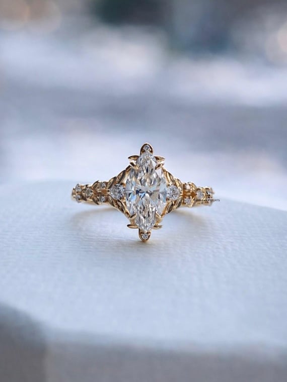 Marquise Engagement Ring: Lab Diamonds, 14k Gold, Unique Fiore Alpha Floral Design
