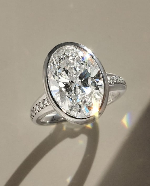 6 CT Oval Lab Diamond Full Bezel Engagement Ring , Lab Grown Diamond Ring , Oval Engagement Ring , Lab Diamond Ring , Split Shank Oval Ring