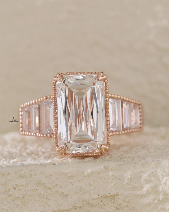 4 Carat Criss Cut Diamond Ring Full Bezel Milgrain Set, Ashoka Style Center with Step Cut Baguette Side Stones 10kt/14kt/18kt Rose Gold Ring