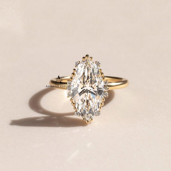 3 Carat Marquise Lab-Grown Diamond Ring | Starburst Crown Engagement Ring | Yellow Gold Vintage Style | IGI Certified Unique Wedding Ring.