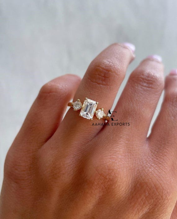 1 Ct Emerald and Round Cut 3 Stone Engagement Ring, Lab Grown Diamond Ring, Round Distance Pave Ring, Customize Proposal Ring for Her.