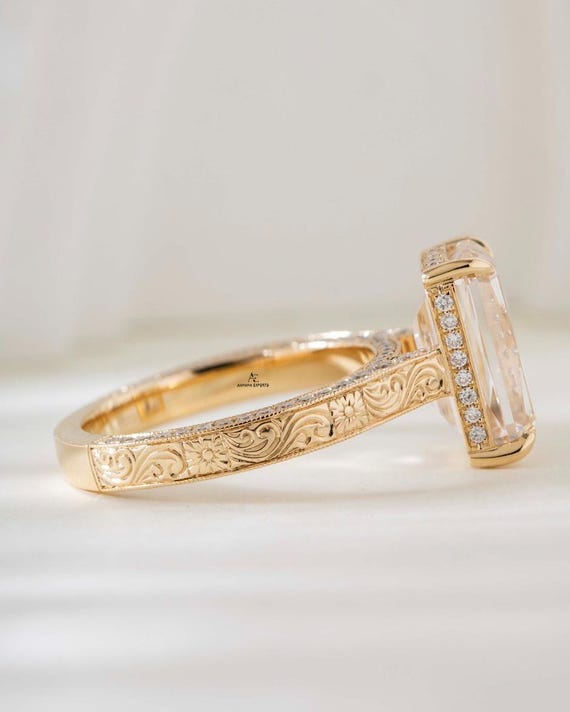 Engraved Criss Cut Lab Diamond Engagement Ring Vintage Band 18k Solid Gold Wedding Ring Unique Art Deco Hidden Halo Carved Bridal Ring