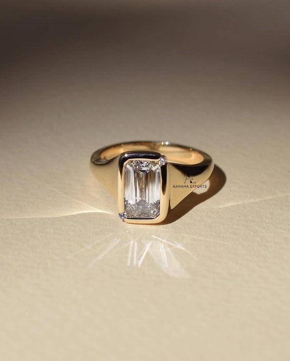 3 Carat Emerald Cut Lab Grown Diamond Engagement Ring | 14K Gold Bezel | IGI Certified Lab-Grown Diamond | Full Bezel Set with Wide Band.