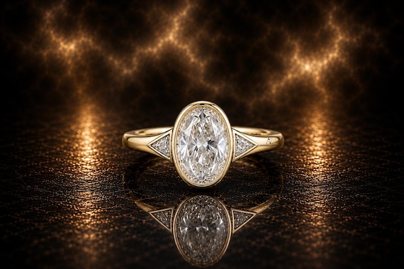 3 Carat Oval Lab Grown Diamond Ring Full Bezel: Oval Engagement Ring & Side Trillion Diamonds, IGI Certified Diamond, Wedding Ring for her.