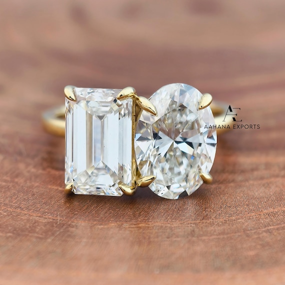 6 Carat Total Emerald & Oval Pair Diamond Ring | Toi Et Moi Ring | Two Stone Engagement Ring | Wedding Ring | Anniversary Gifts For Her.