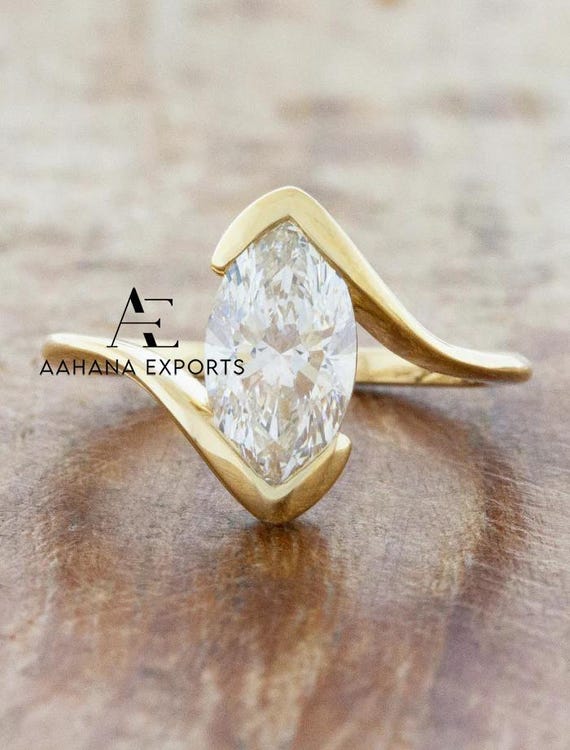 Half Bezel Set 2 CT Marquise Cut Lab-Grown Engagement Ring Bypass Ring 14K Gold Wedding Ring Marquise Solitaire Anniversary Ring For Women.