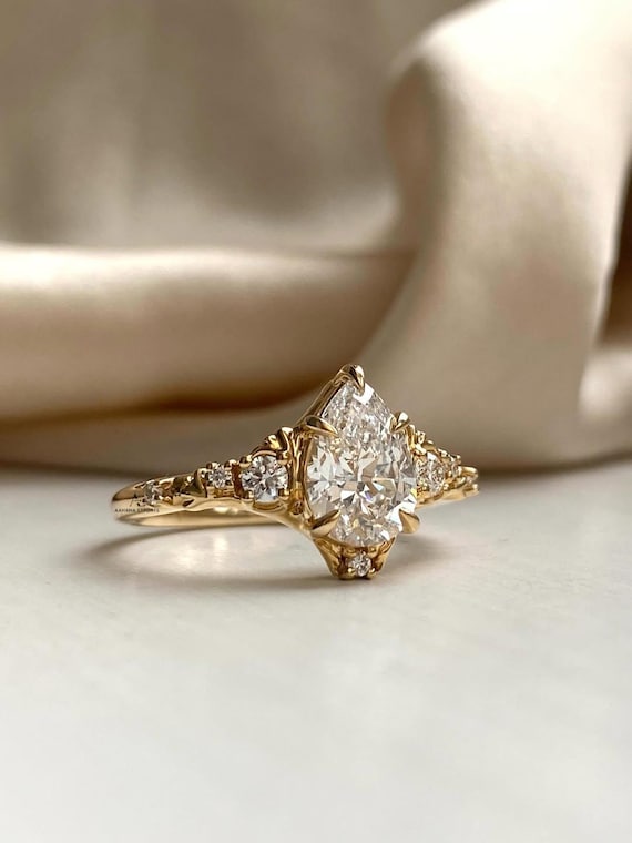 Dela -1 Carat Pear Lab Grown Diamond Engagement Ring: 14k Gold Fantasy Ring
