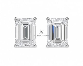 Emerald Cut Lab Grown Diamond Set Studs, CVD Diamond Solitaire Earrings, 14KT Solid Gold Bridesmaid Earrings, Screw Back Diamond Earrings
