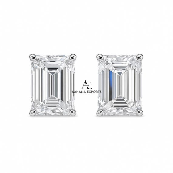 Emerald Cut Lab Grown Diamond Set Studs, CVD Diamond Solitaire Earrings, 14KT Solid Gold Bridesmaid Earrings, Screw Back Diamond Earrings